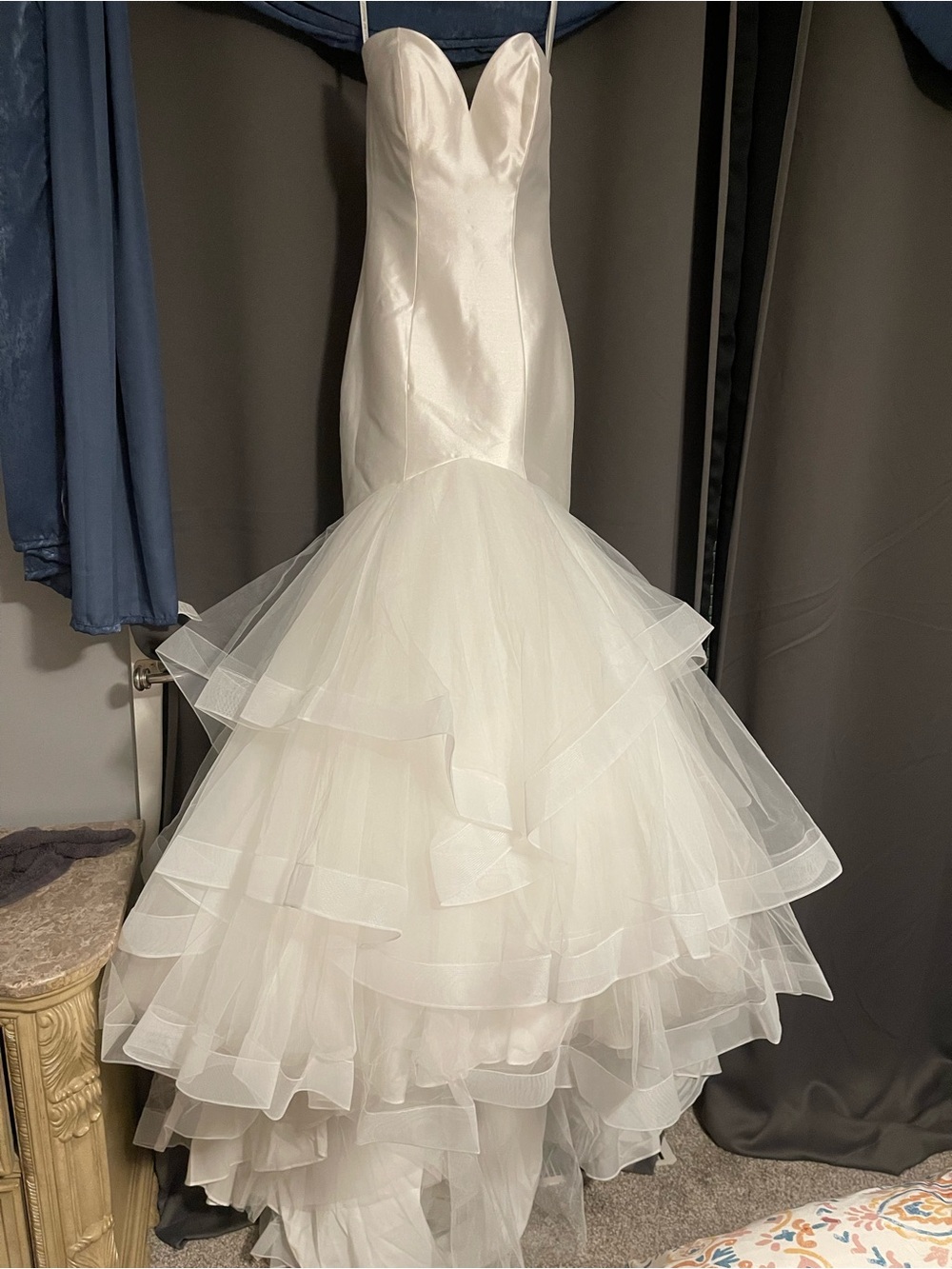 Allure Bridals White Strapless Mermaid Gown with Layered Tulle Trumpet Skirt